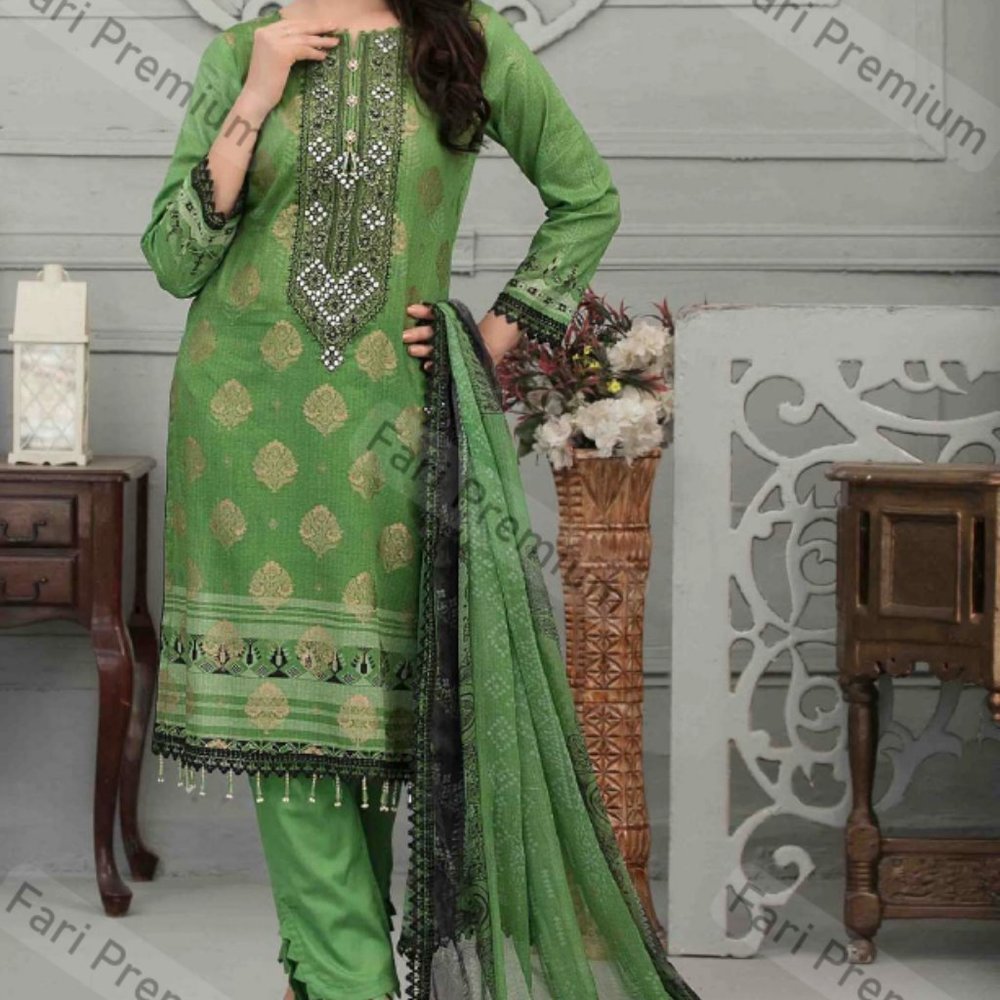 3 Piece Embroidered Banarsi Cotton Chiffon Shalwar Kameez Suit Pakistani/Indian